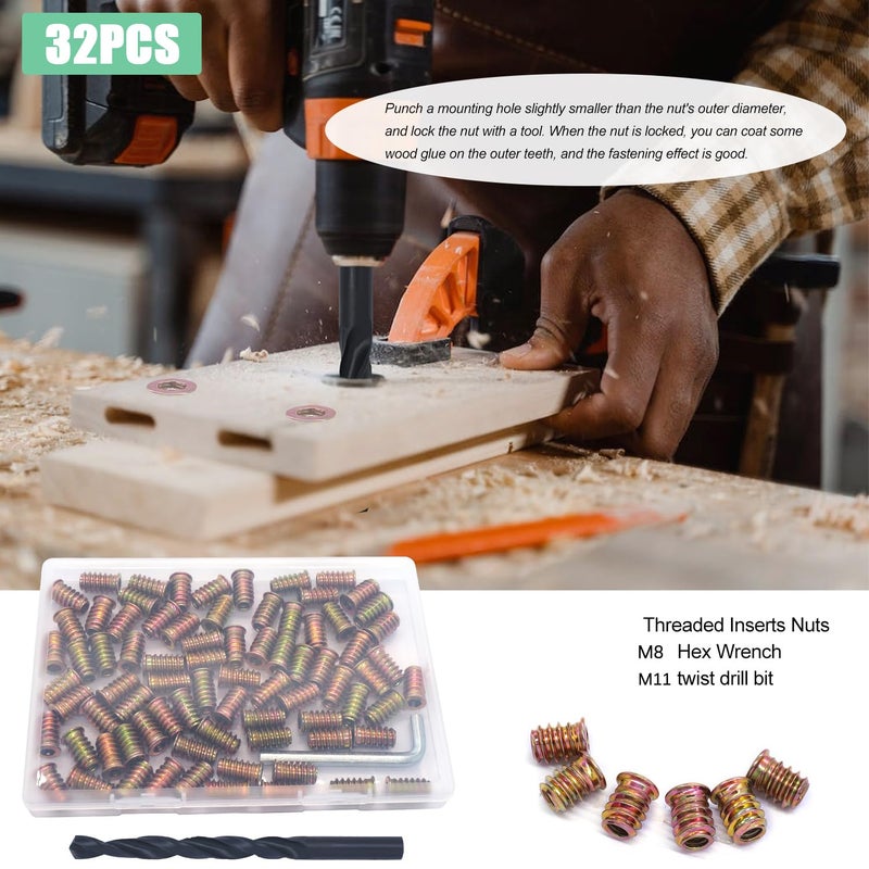 Twidec /32PCS 5/16"-18 Threaded Inserts for Wood Furniture Screw-in Nut Wood Inserts Bolt Assortment Kit with M8 Hex Wrench (5/16"-18 x20mm) - Image 5